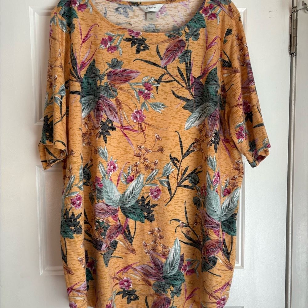CJ Banks Golden Floral Short Sleeve Top